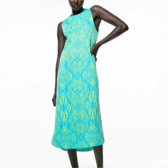 Zara Blue and Green Midi Dress - Picture 1 of 14